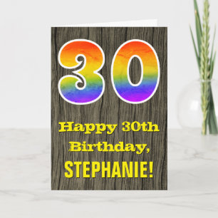 30th Birthday: Rustic Faux Wood Look, Rainbow "30" Card