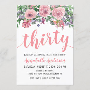 30th Birthday Rustic Floral Blush Pink Watercolor Invitation