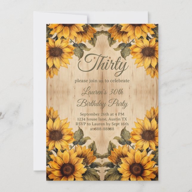 30th Birthday Rustic Wood Sunflower Watercolor Invitation (Front)