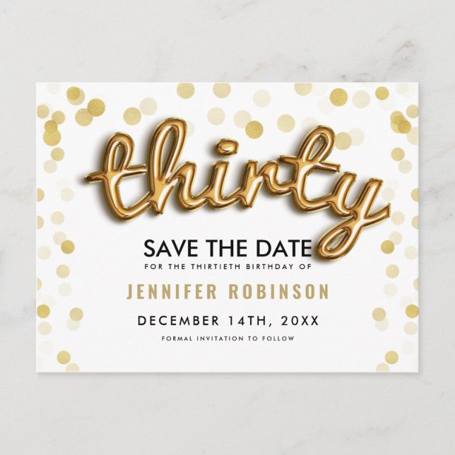30th Birthday Save The Date Gold Balloons Glitter Announcement Postcard (Front)