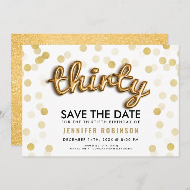 30th Birthday Save The Date Gold Balloons Glitter Invitation (Front/Back)