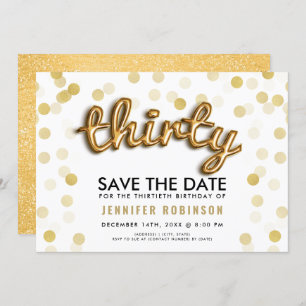30th Birthday Save The Date Gold Balloons Glitter Invitation