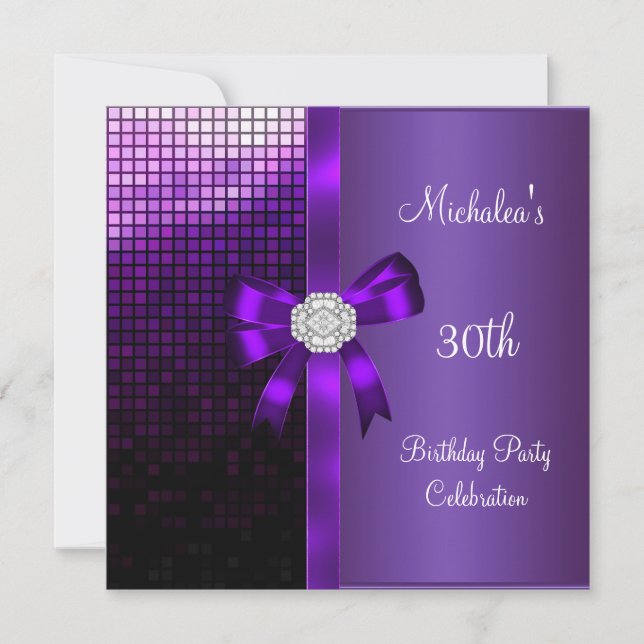 30th Birthday Sequins Purple Diamond Bow Invitation (Front)