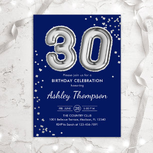 30th Birthday - Silver Balloons Navy Invitation