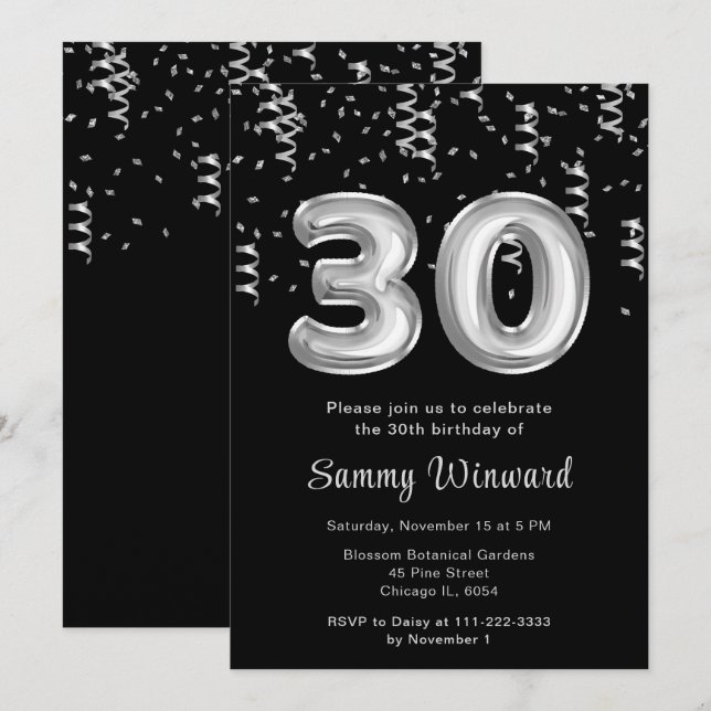 30th Birthday Silver Balloons with Confetti Invitation (Front/Back)