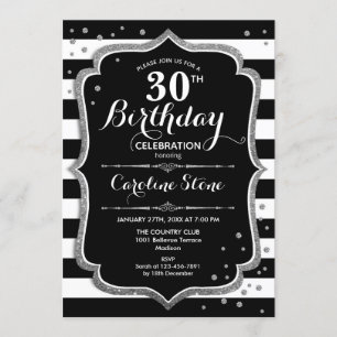 30th Birthday - Silver Black White Stripes Invitation