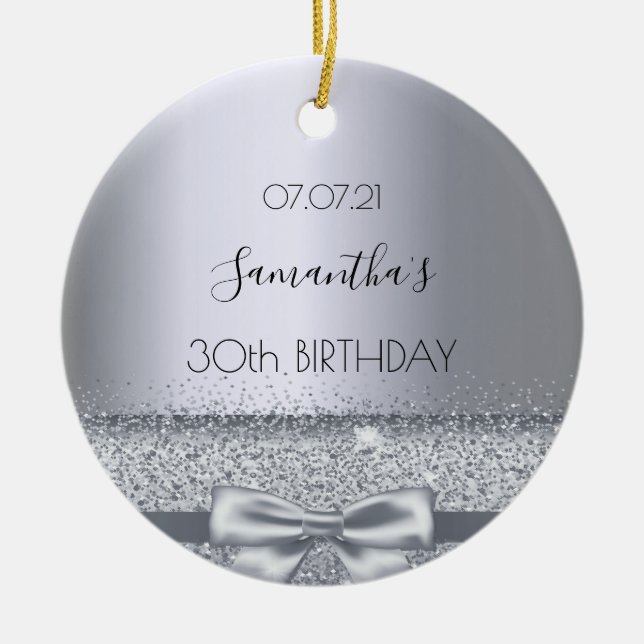 30th birthday silver bow name ceramic tree decoration (Front)
