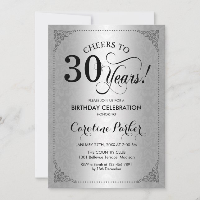 30th Birthday - Silver Damask Invitation (Front)