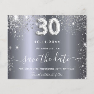 30th birthday silver glitter budget save the date flyer
