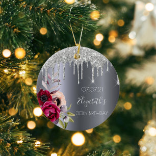 30th birthday silver glitter drips floral burgundy ceramic tree decoration