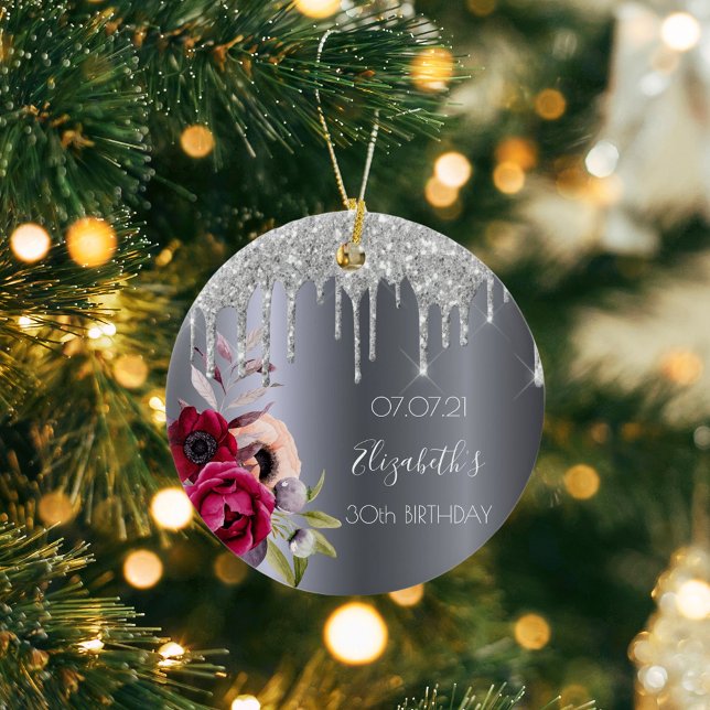 30th birthday silver glitter drips floral burgundy ceramic tree decoration (Creator Uploaded)