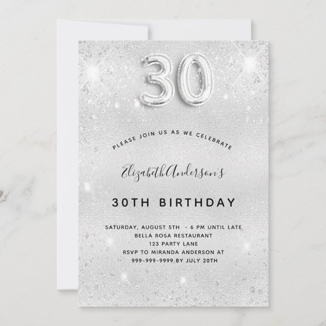 30th birthday silver glitter glamourous invitation (Front)