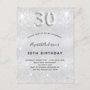 30th birthday silver glitter glamourous invitation postcard
