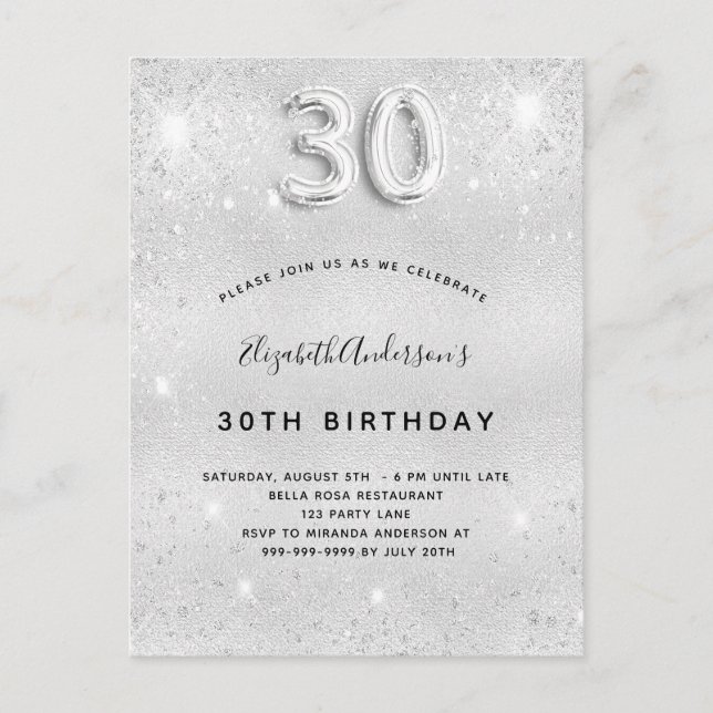 30th birthday silver glitter glamourous invitation postcard (Front)
