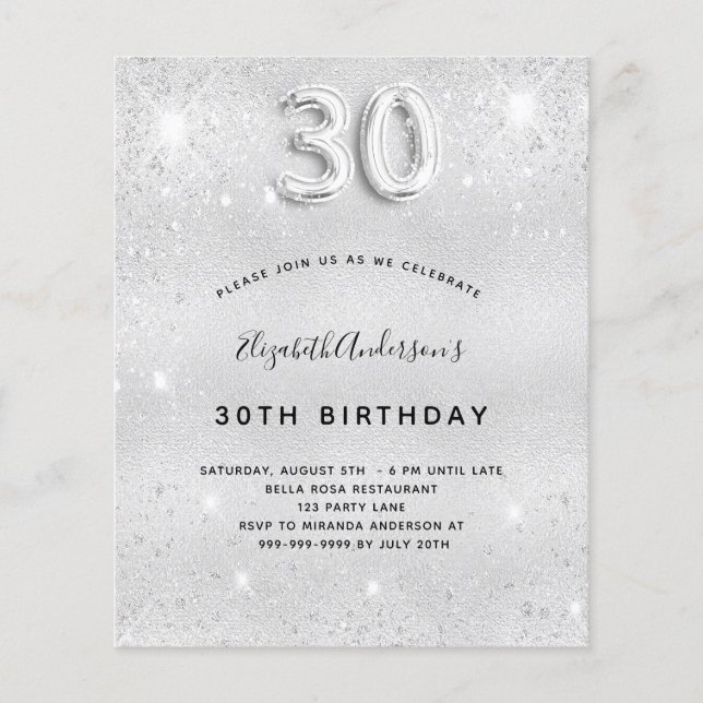 30th birthday silver glitter invitation (Front)