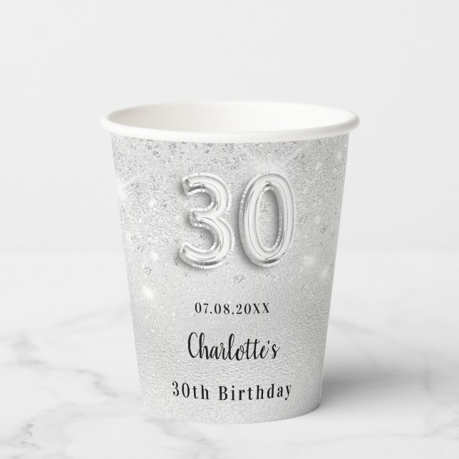 30th birthday silver glitter monogram paper cups (Back)