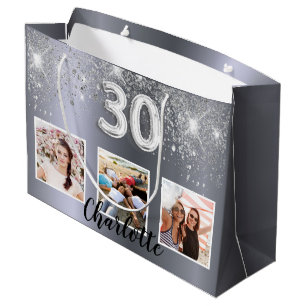 30th birthday silver glitter photo name large gift bag
