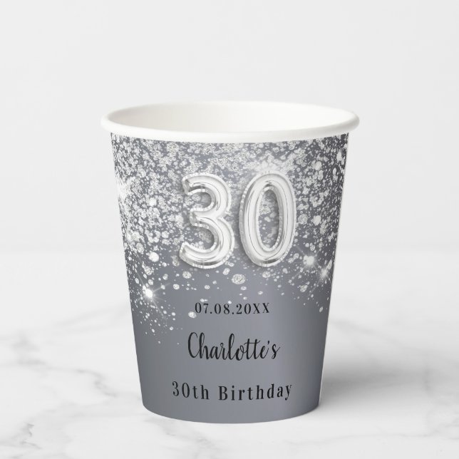 30th birthday silver glitter sparkles name paper cups (Back)