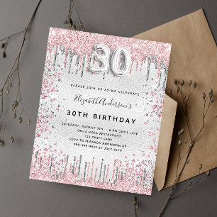 30th birthday silver pink budget invitation flyer