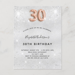 30th birthday silver rose gold sparkles invitation postcard