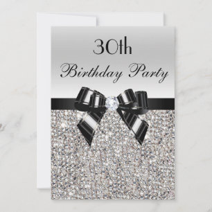30th Birthday Silver Sequin Black Bow Diamond Invitation