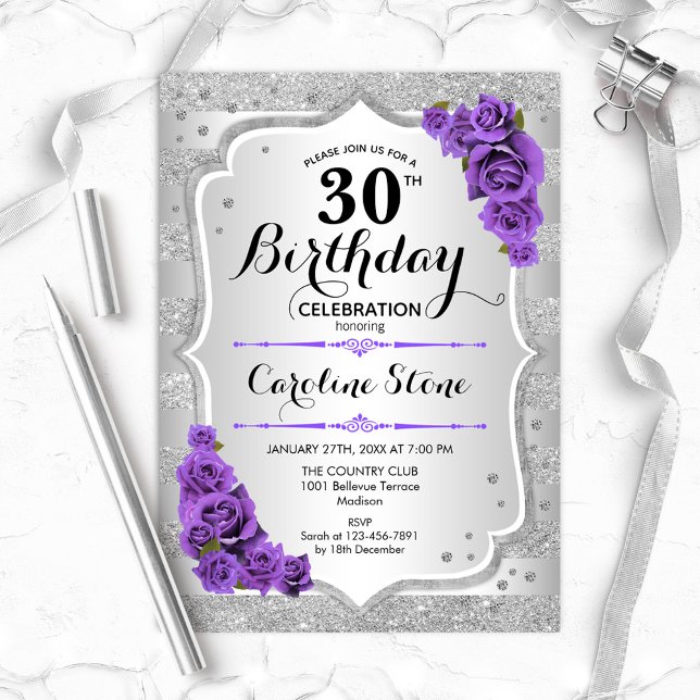 30th Birthday - Silver Stripes Purple Roses Invitation (Creator Uploaded)