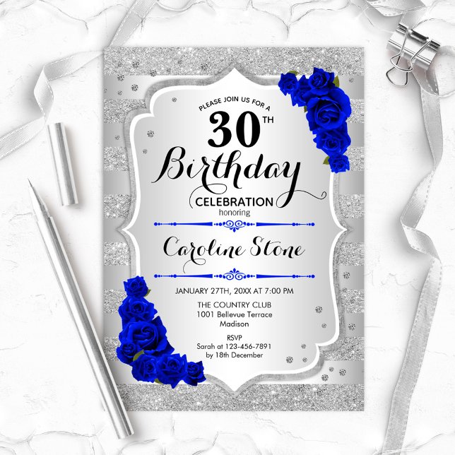 30th Birthday - Silver Stripes Royal Blue Roses Invitation (Creator Uploaded)