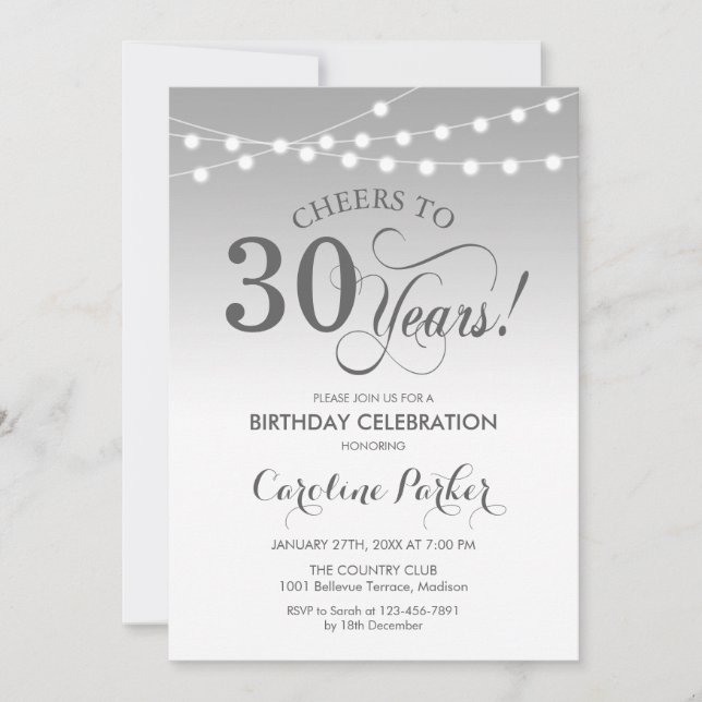 30th Birthday - Silver White Invitation (Front)