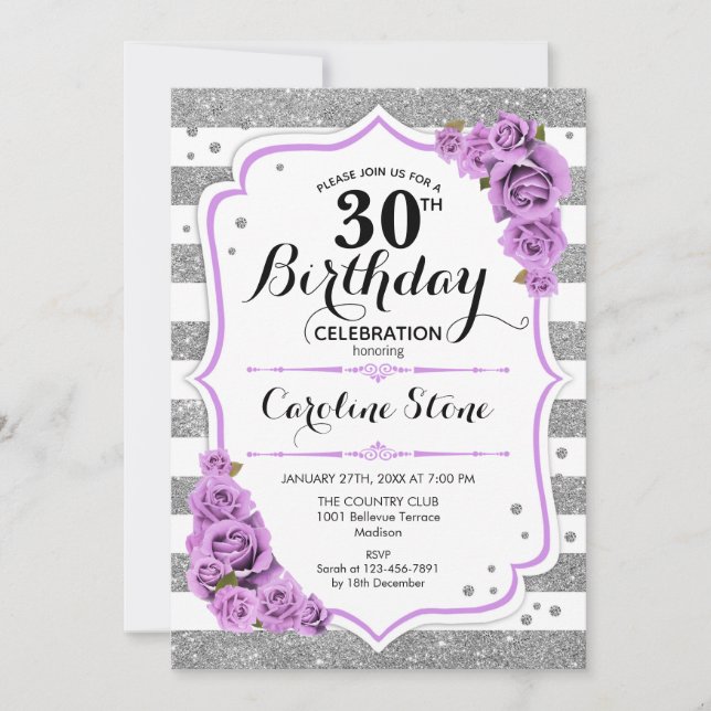 30th Birthday -  Silver White Stripes Purple Roses Invitation (Front)