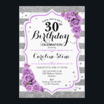 30th Birthday -  Silver White Stripes Purple Roses Invitation<br><div class="desc">30th Birthday Invitation
Elegant silver white lavender purple design with faux glitter. Silver and white stripes with roses. Perfect for an elegant thirtieth birthday party.</div>