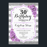 30th Birthday -  Silver White Stripes Purple Roses Invitation<br><div class="desc">30th Birthday Invitation
Elegant silver white lavender purple design with faux glitter. Silver and white stripes with roses. Perfect for an elegant thirtieth birthday party.</div>