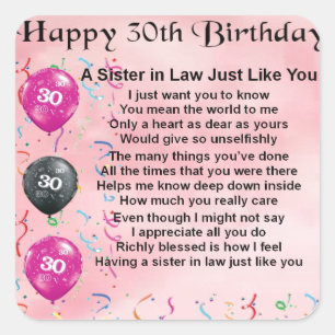 30th Birthday - Sister in Law Poem Square Sticker