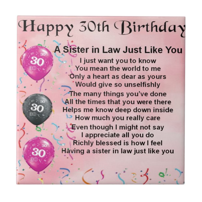 30th Birthday - Sister in Law Poem Tile (Front)