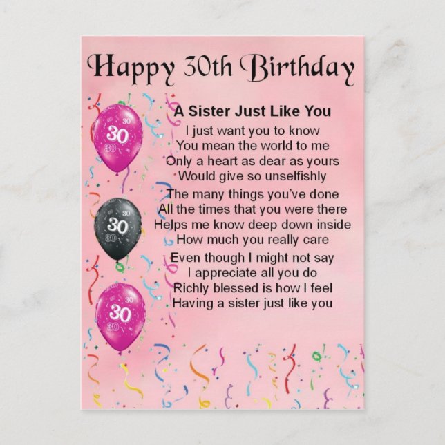 30th Birthday Sister Poem Postcard (Front)
