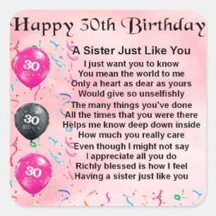 30th Birthday Sister Poem Square Sticker