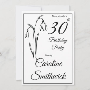 30th Birthday Snowdrop Floral Black And White Invitation