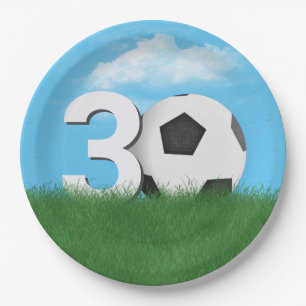 30th Birthday Soccer Ball In Green Grass Paper Plate