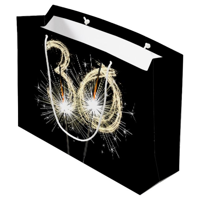 30th Birthday Sparklers On Black Large Gift Bag (Back Angled)