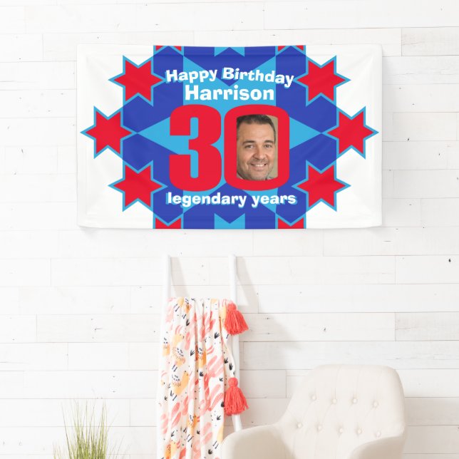 30th birthday star blue white red custom photo banner (Insitu)