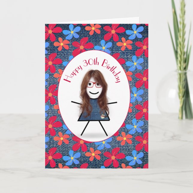 30th Birthday Stick Girl and Daisies On Denim Card (Front)