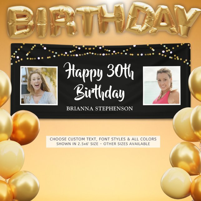 30th Birthday String Lights Photo Name Black Banner (Creator Uploaded)