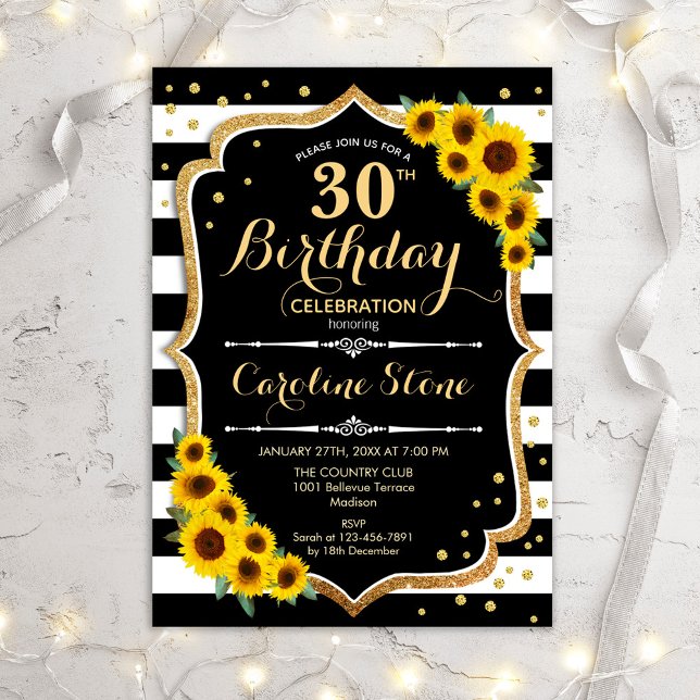 30th Birthday - Sunflowers Black White Stripes Invitation (Creator Uploaded)
