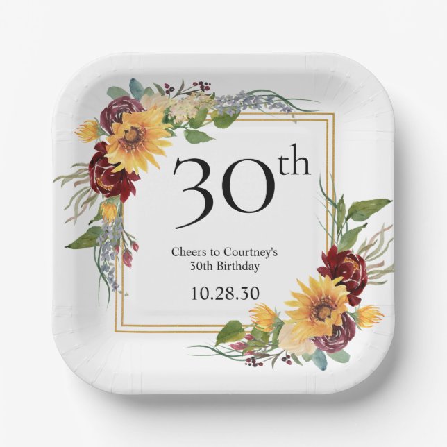 30th Birthday Sunflowers Paper Plate (Front)