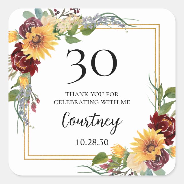30th Birthday Sunflowers Thank You Square Sticker (Front)