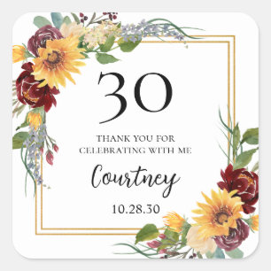 30th Birthday Sunflowers Thank You Square Sticker