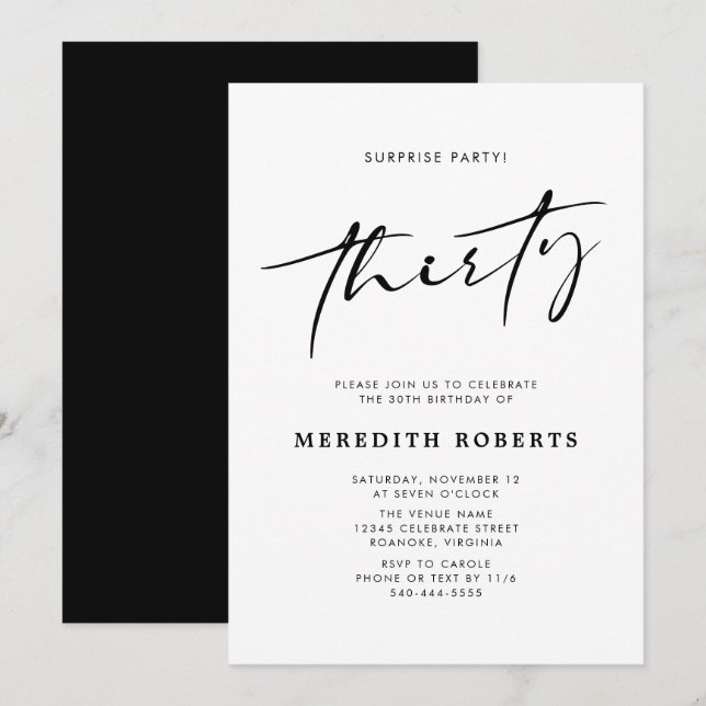 30th Birthday Surprise Party Chic Modern Script Invitation (Front/Back)
