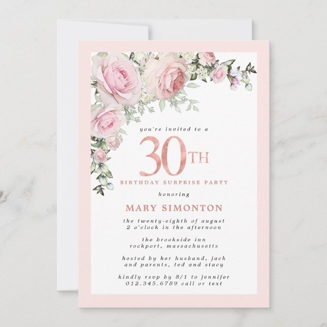 30th Birthday Surprise Party Pink Rose Floral Invitation (Front)