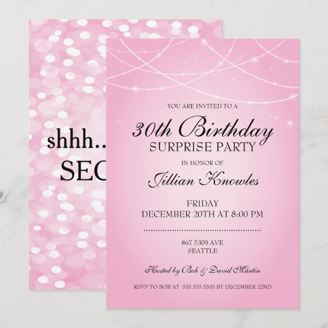 30th Birthday Surprise Party Pink String Lights Invitation (Front/Back)