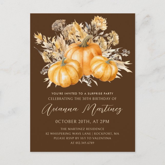 30th Birthday Surprise Party Rustic Boho Pumpkin Invitation Postcard (Front)