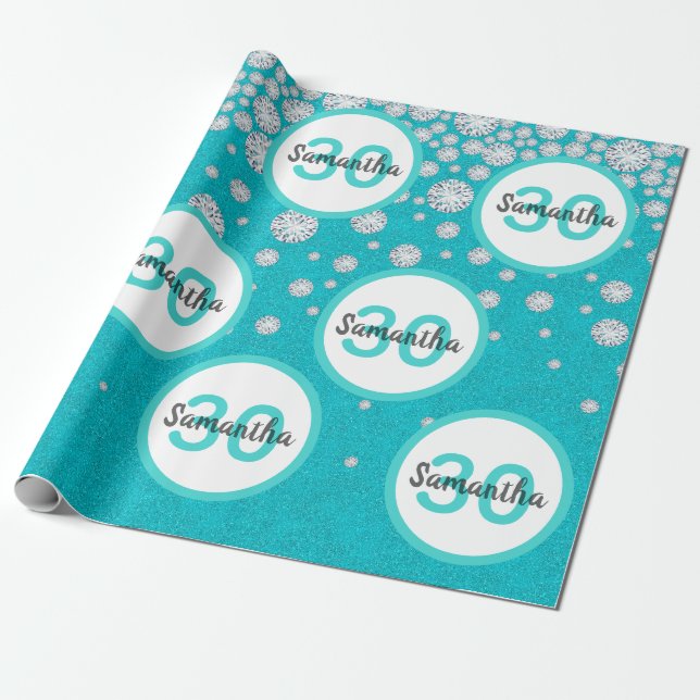 30th birthday teal green glitter diamonds wrapping paper (Unrolled)